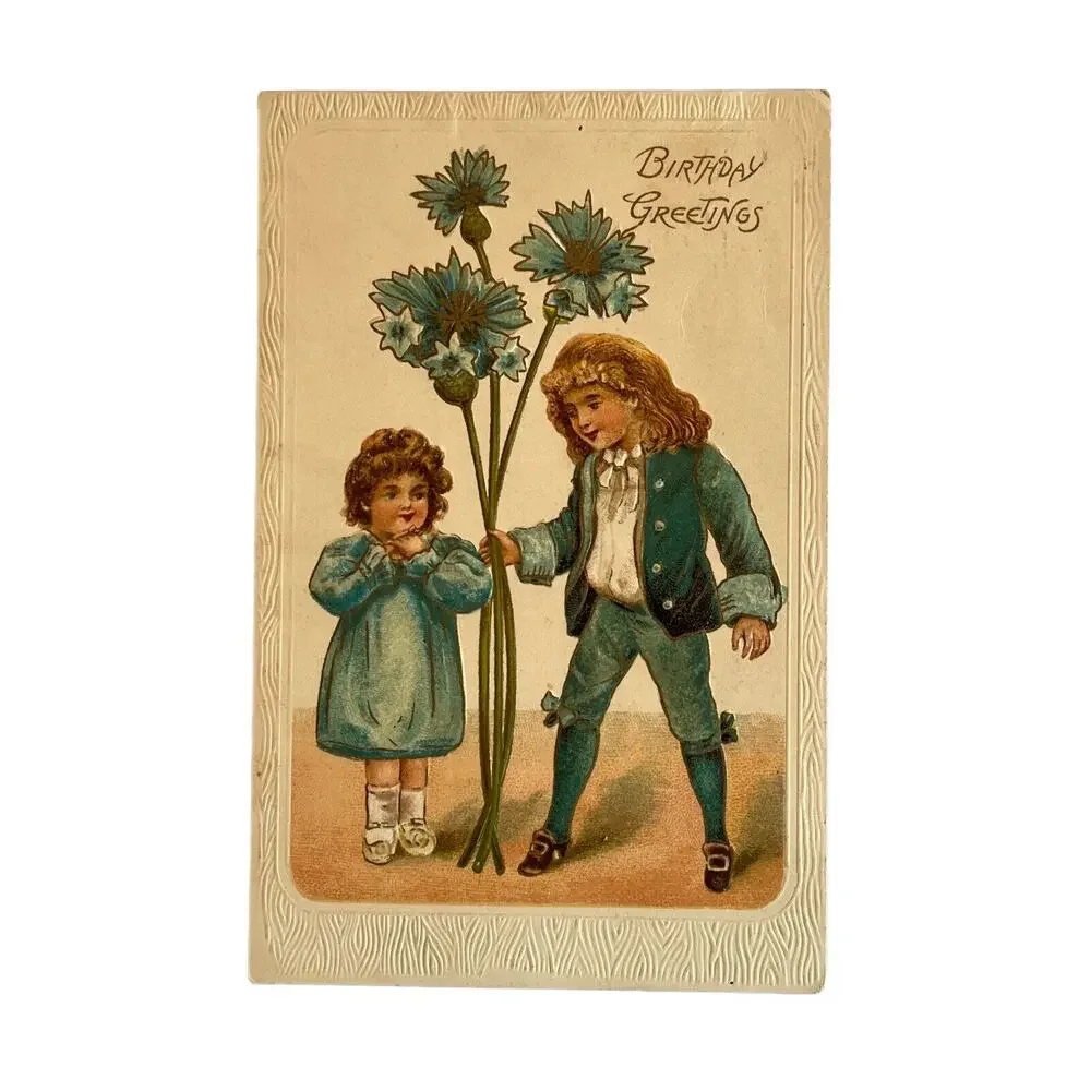 Atq 1908 Ephemera Postcard Birthday Wishes Edwardian Era Boy Girl Blue Posies
